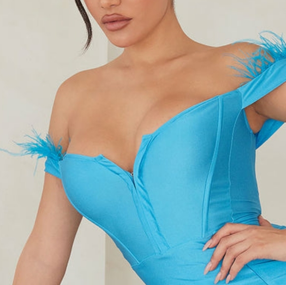 Black or blue fitted long off the shoulder feather detail gown with leg slit. - Picture 2 of 7